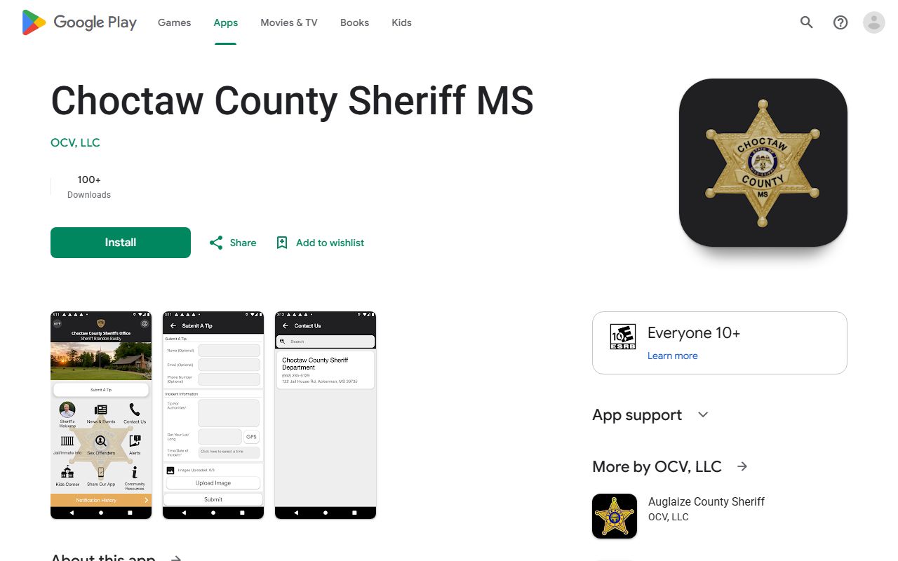 Google Play listing for the Choctaw County Sheriff MS app