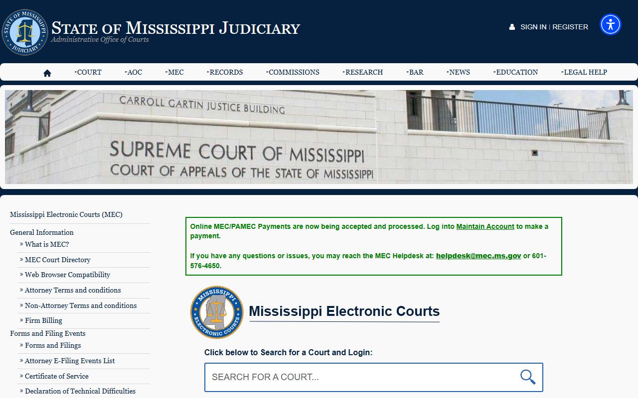 Mississippi Electronic Courts access for Choctaw County court records after arrest