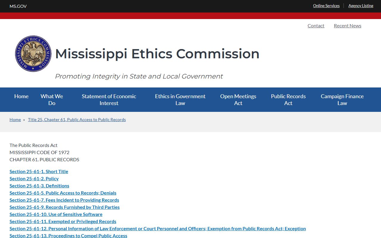 Mississippi Ethics Commission Public Records Act information page