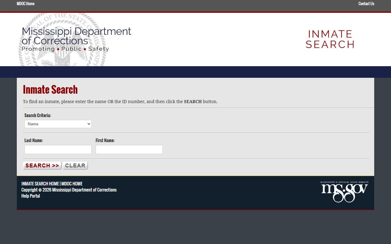 MS.gov MDOC inmate search form with name and ID number search criteria